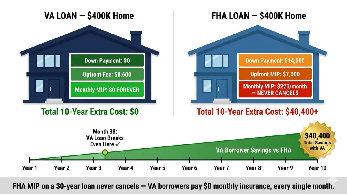 VA Loan vs FHA Loan cost comparison showing 10 year savings and mortgage insurance differences