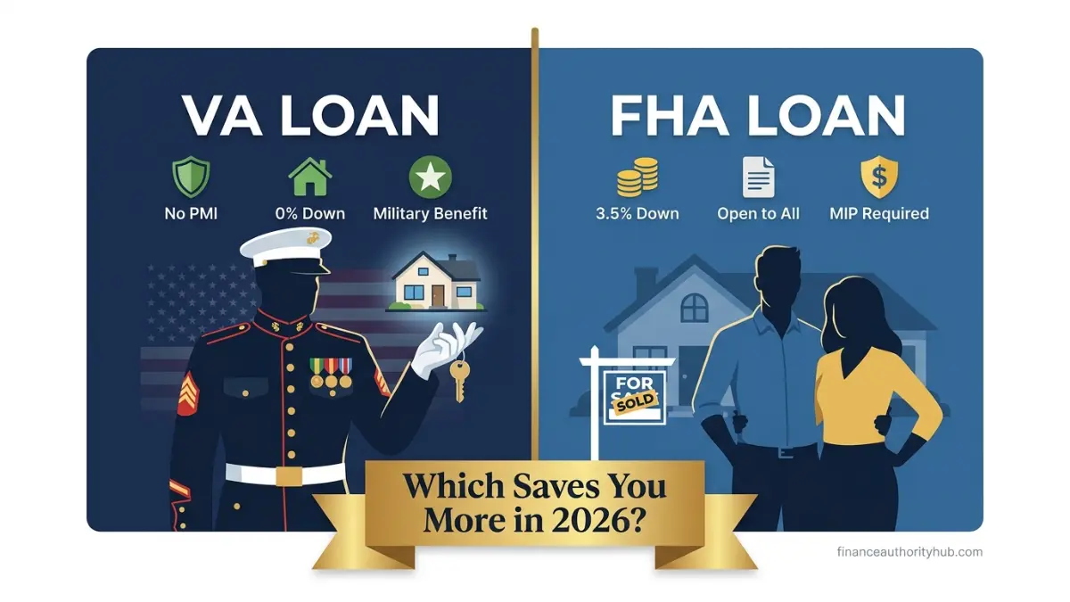 VA Loan vs FHA Loan comparison showing military borrower benefits vs civilian home loan features in 2026