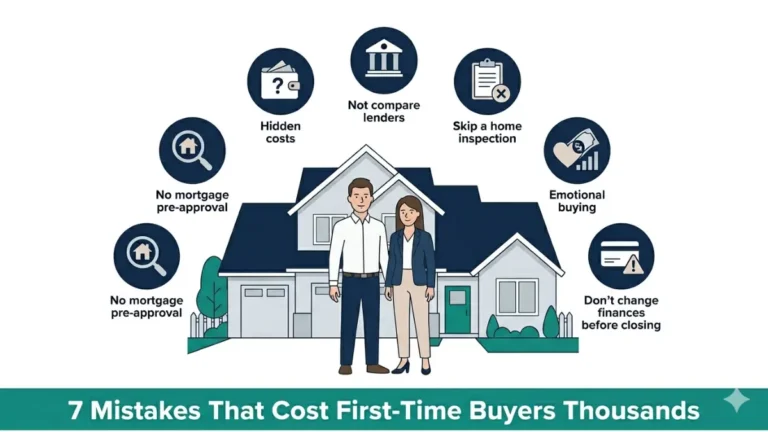 First-Time Home Buyers illustration showing seven biggest home buying mistakes around couple and house