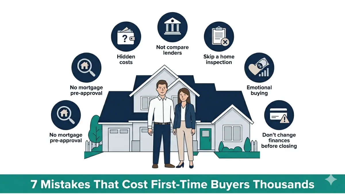 First-Time Home Buyers illustration showing seven biggest home buying mistakes around couple and house