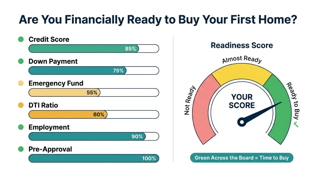 First-Time Home Buyers financial readiness dashboard with credit score and affordability checklist