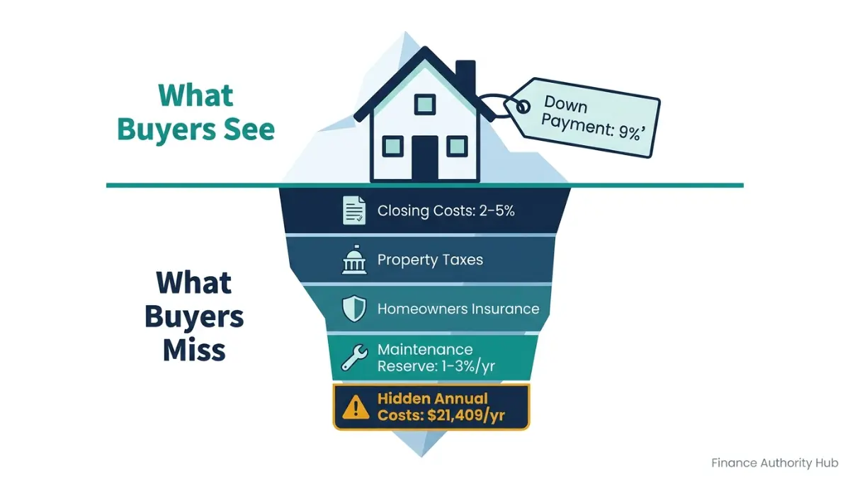 First-Time Home Buyers hidden costs iceberg illustration showing down payment vs additional expenses