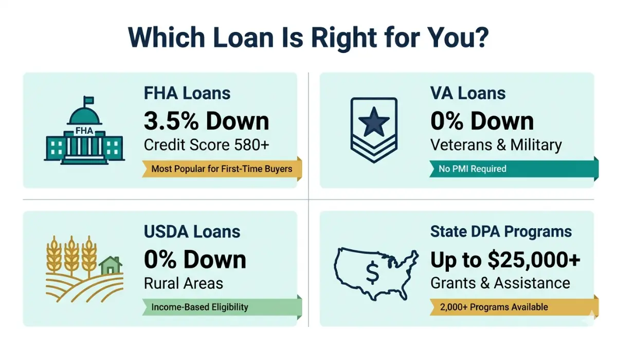 First-Time Home Buyers loan comparison FHA VA USDA and down payment assistance programs