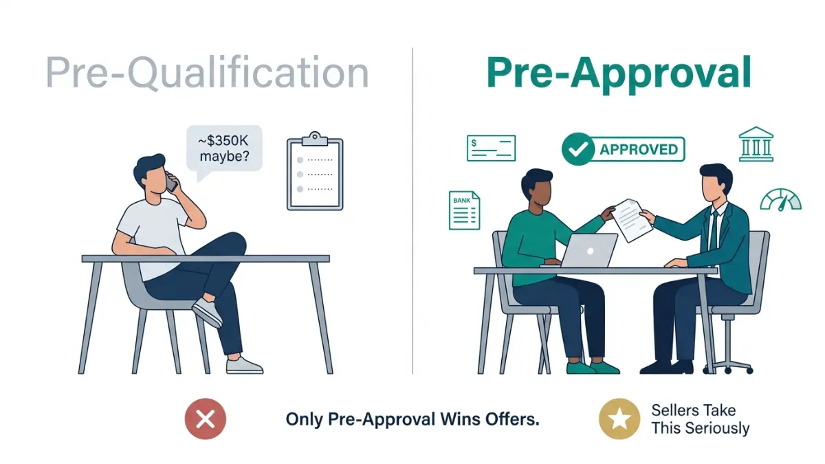 First-Time Home Buyers comparison between mortgage pre-qualification and pre-approval infographic