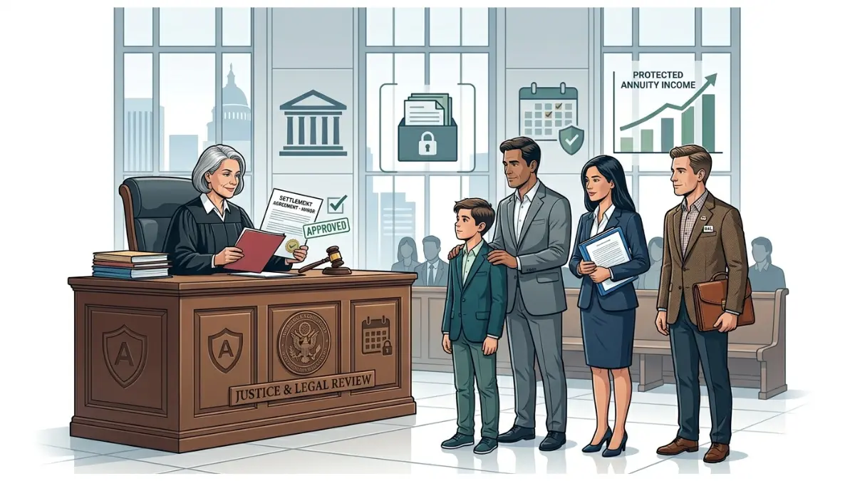 structured settlement for a minor being reviewed and approved by a judge in a courtroom with legal and financial documents