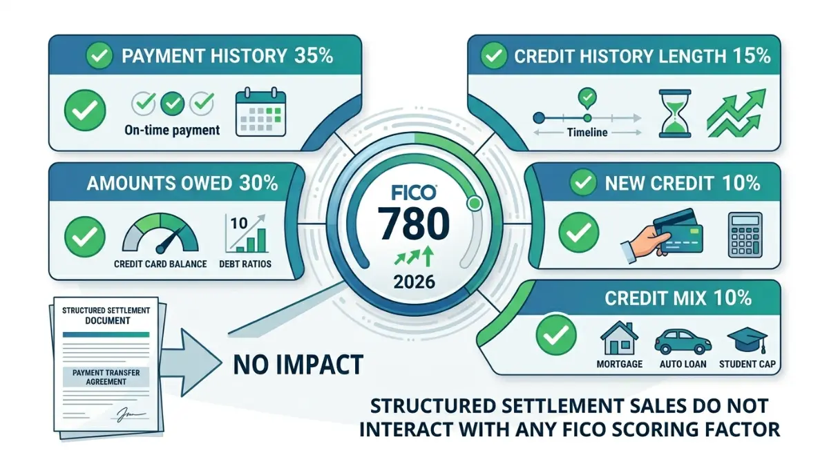 Credit Score FICO factor breakdown showing why structured settlement sales create no scoring impact