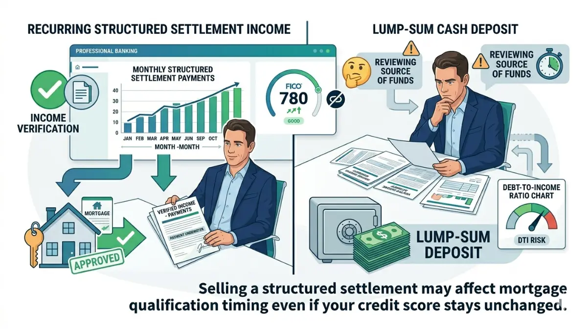 Credit Score comparison between recurring settlement income and lump-sum mortgage underwriting review