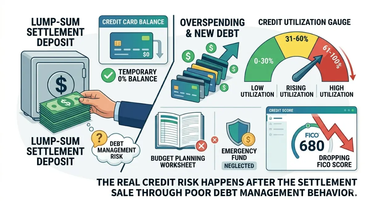 Credit Score decline caused by post-settlement debt accumulation and rising credit utilization