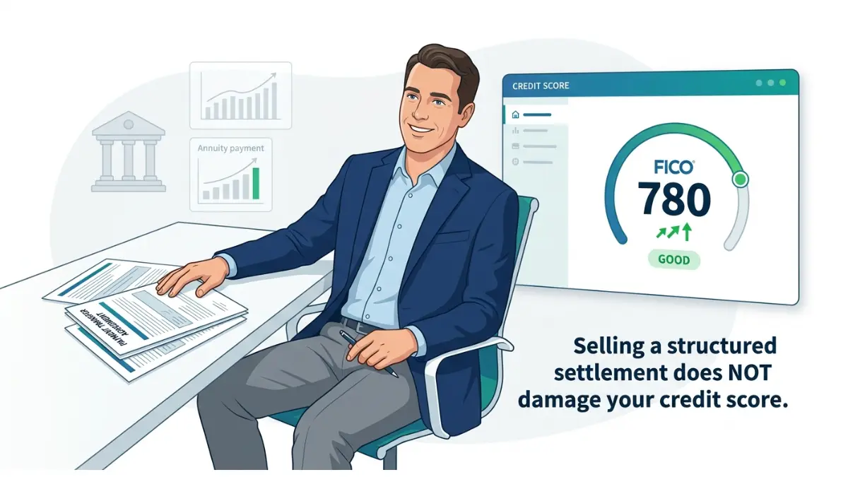 Credit Score remains unaffected during a structured settlement sale shown in a financial vector illustration