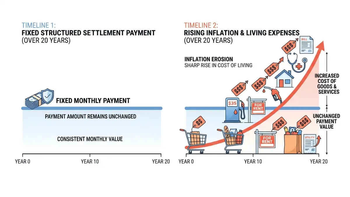Inflation comparison showing fixed structured settlement payments staying flat while living expenses rise over time