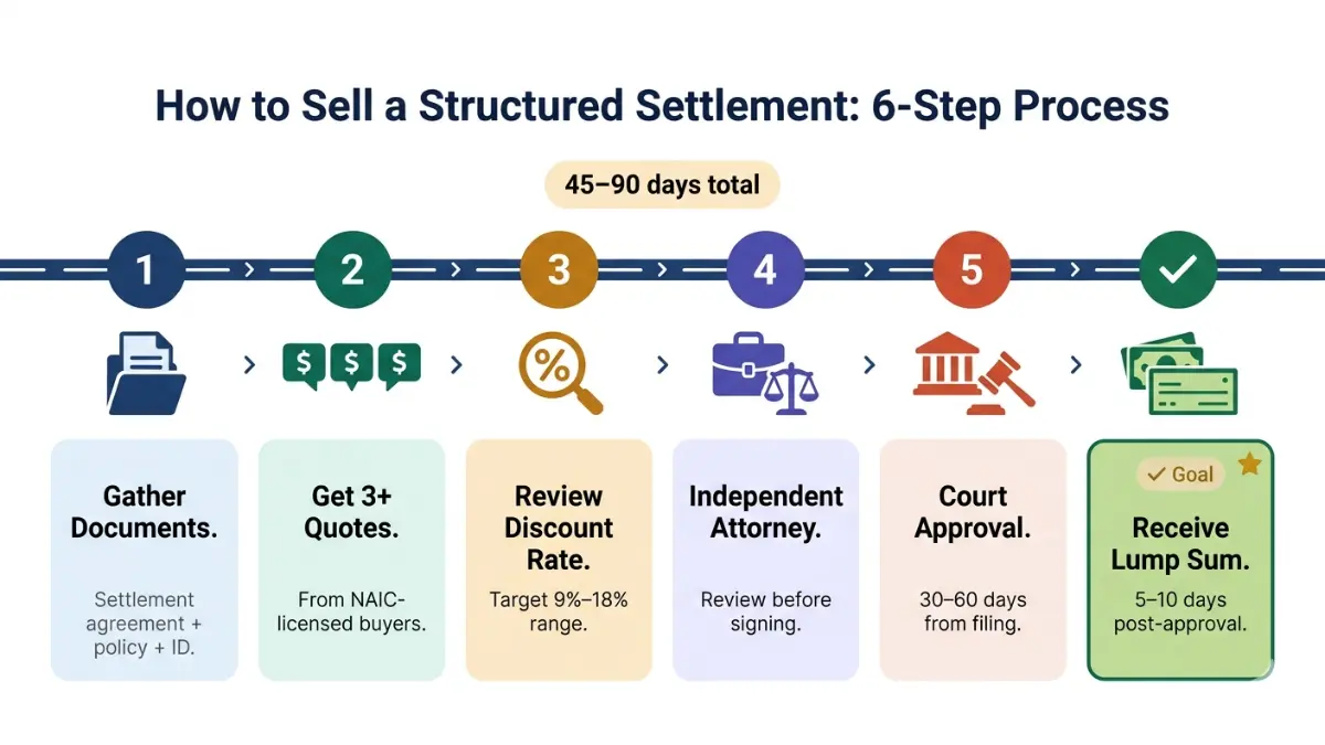 Step-by-step roadmap showing how to sell structured settlement payments in 6 steps — from gathering documents to receiving your lump sum in 45 to 90 days