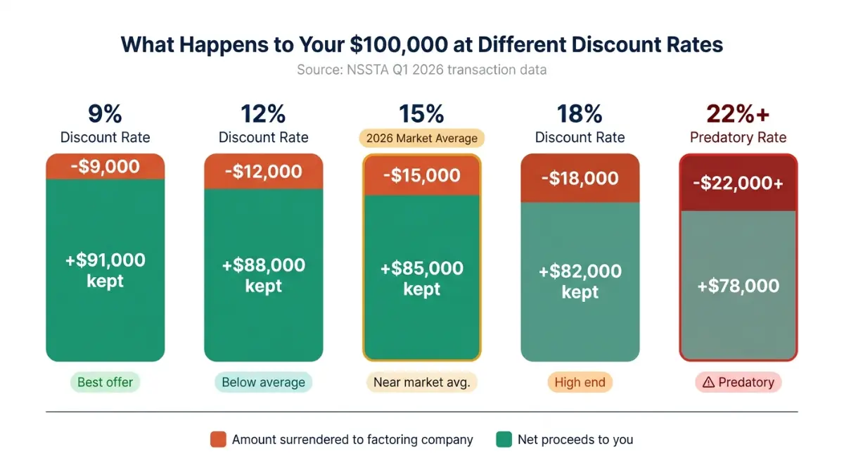 Visual showing how to sell structured settlement payments at different discount rates — 9%, 12%, 15%, and 18% impact on a $100,000 payment stream