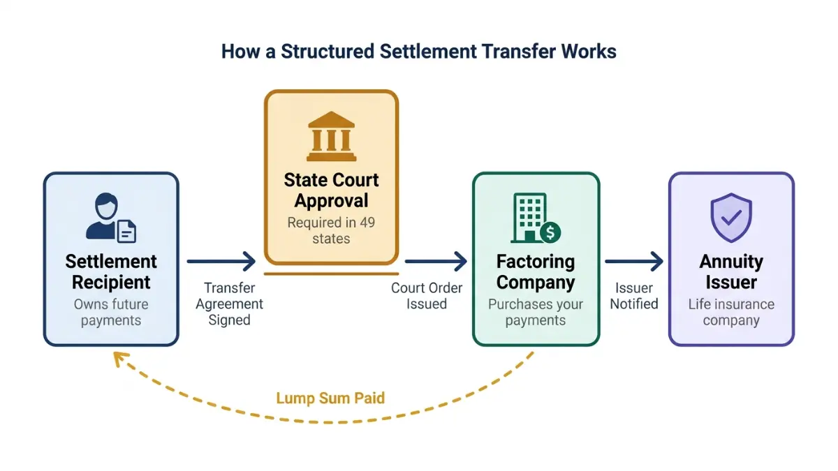 Diagram explaining how to sell structured settlement payments through the three-party transaction — recipient, court, factoring company, and annuity issuer
