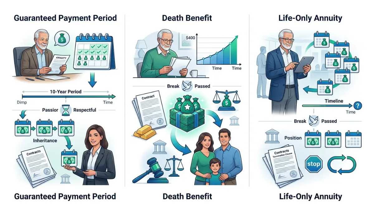 inherit structured settlement annuity types comparison illustration showing guaranteed payment, death benefit, and life-only contracts