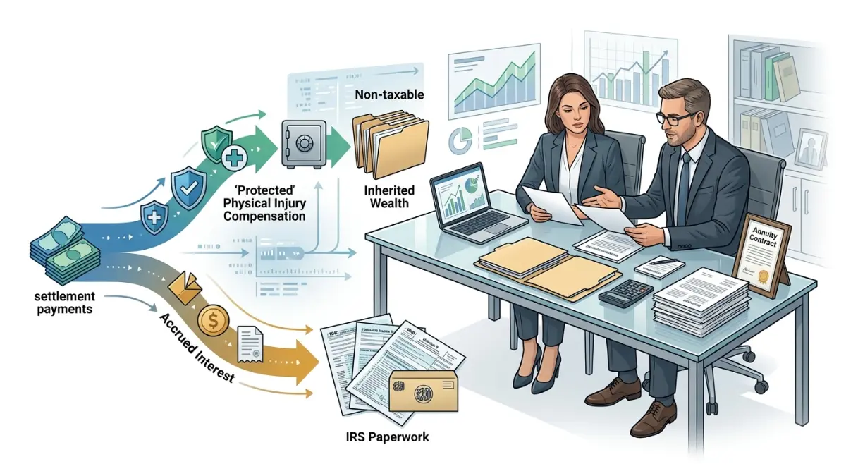 inherit structured settlement tax rules illustration showing IRS forms, taxable interest, and tax-free compensation payments