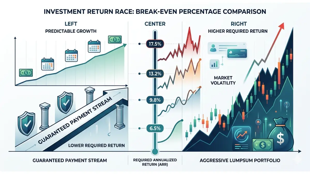 Lump Sum vs Structured Settlement break-even return comparison showing required investment growth rates versus guaranteed payment stability