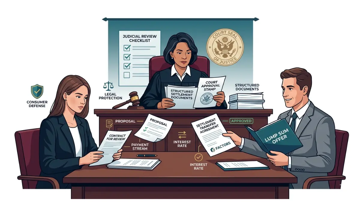 Lump Sum vs Structured Settlement court approval illustration showing judicial review and legal protection during settlement transfer process