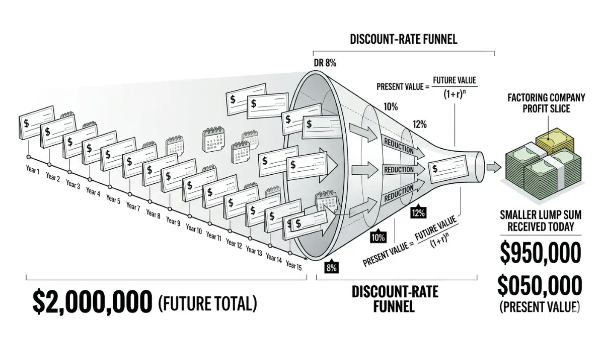 Lump Sum vs Structured Settlement discount rate illustration showing future payments reduced into a smaller lump sum offer by factoring companies