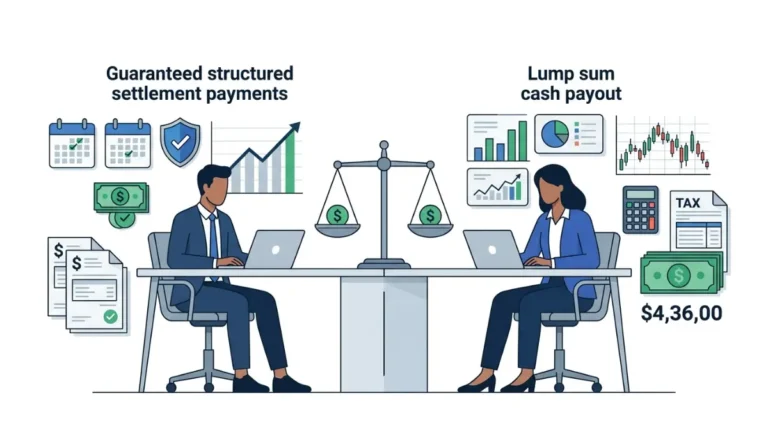 Lump Sum vs Structured Settlement comparison showing guaranteed payments versus lump sum investment decision with financial analysis illustration