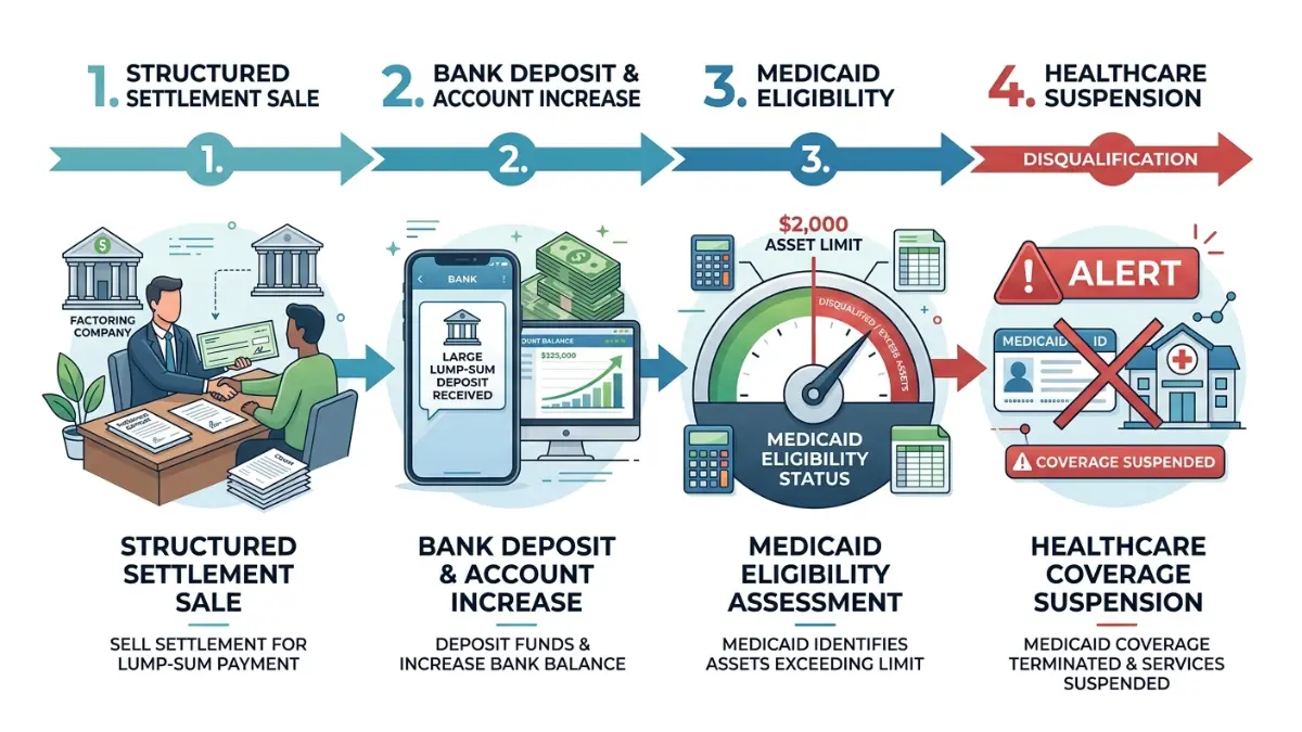 Medicaid disqualification process after structured settlement sale vector illustration