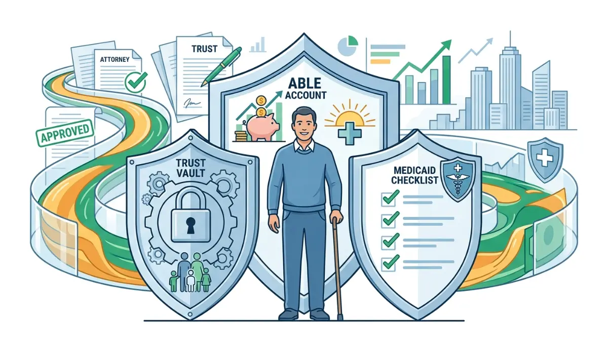 Medicaid protection strategies using special needs trust and ABLE account vector illustration