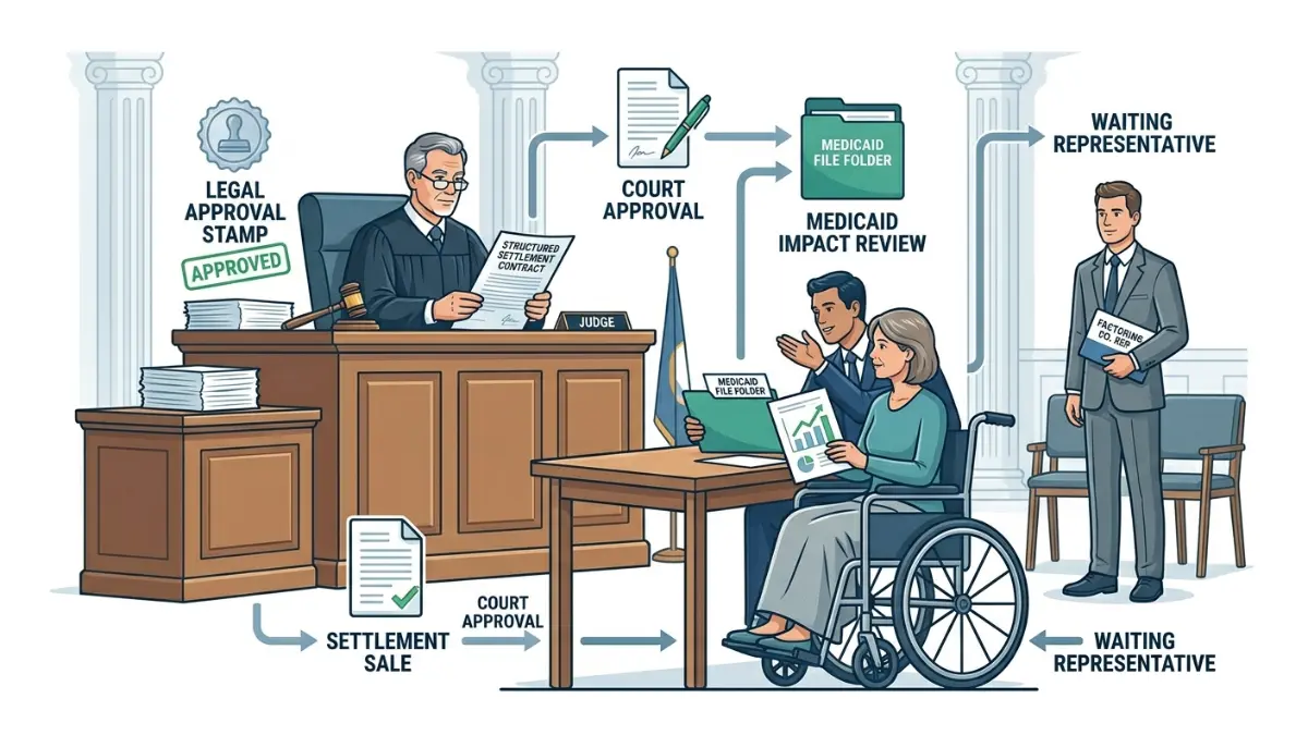 Medicaid impact during structured settlement court approval vector illustration