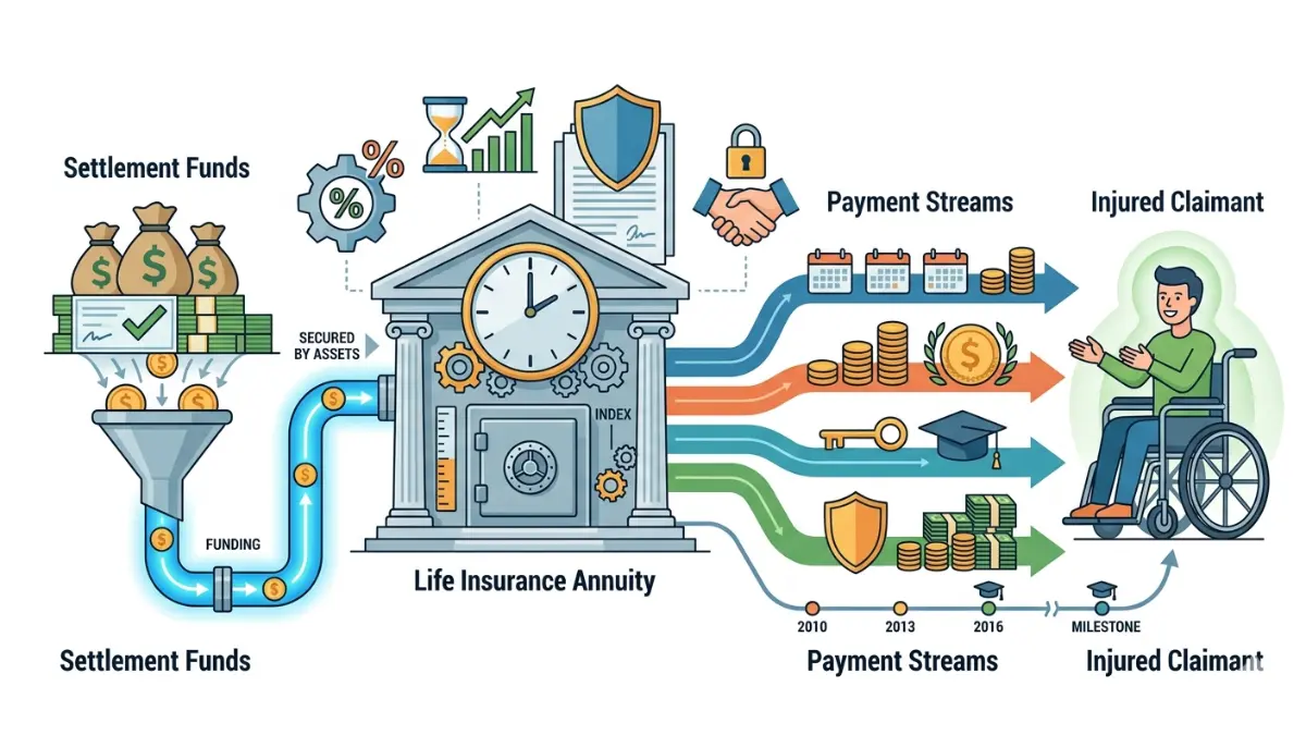 personal injury structured settlement annuity funding process showing guaranteed future payments and insurance-backed income