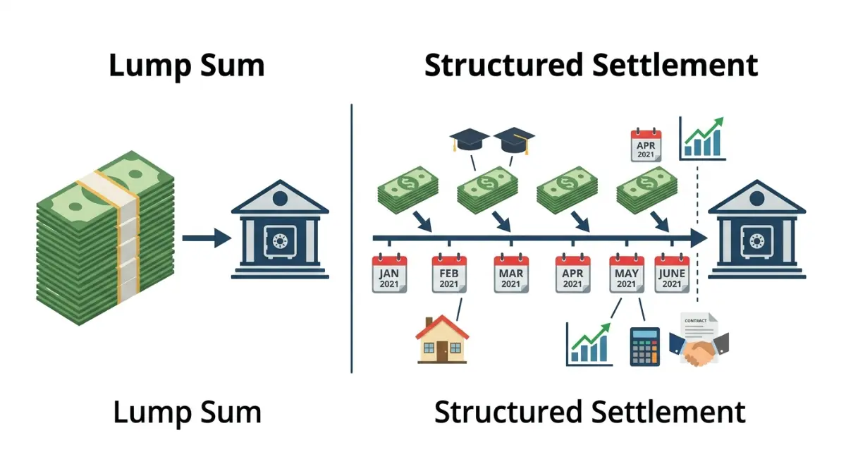 personal injury structured settlement compared with a lump sum payout through a visual payment timeline and future income schedule