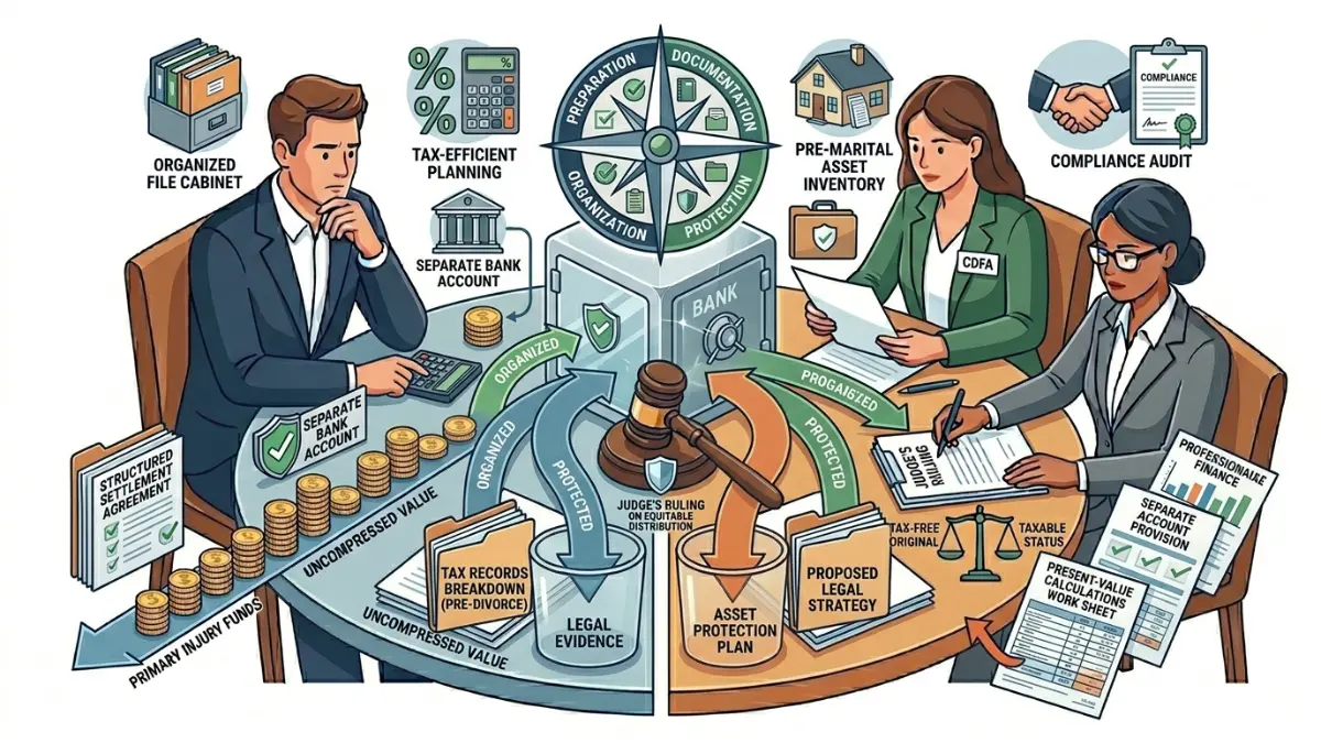 Structured Settlement in Divorce protection strategy illustration showing legal documentation and financial asset protection planning