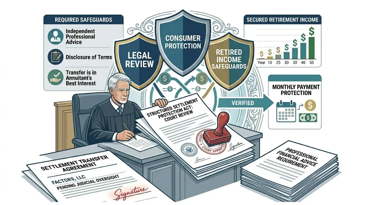 Retirement structured settlement legal protection illustration showing court approval process and consumer safeguards