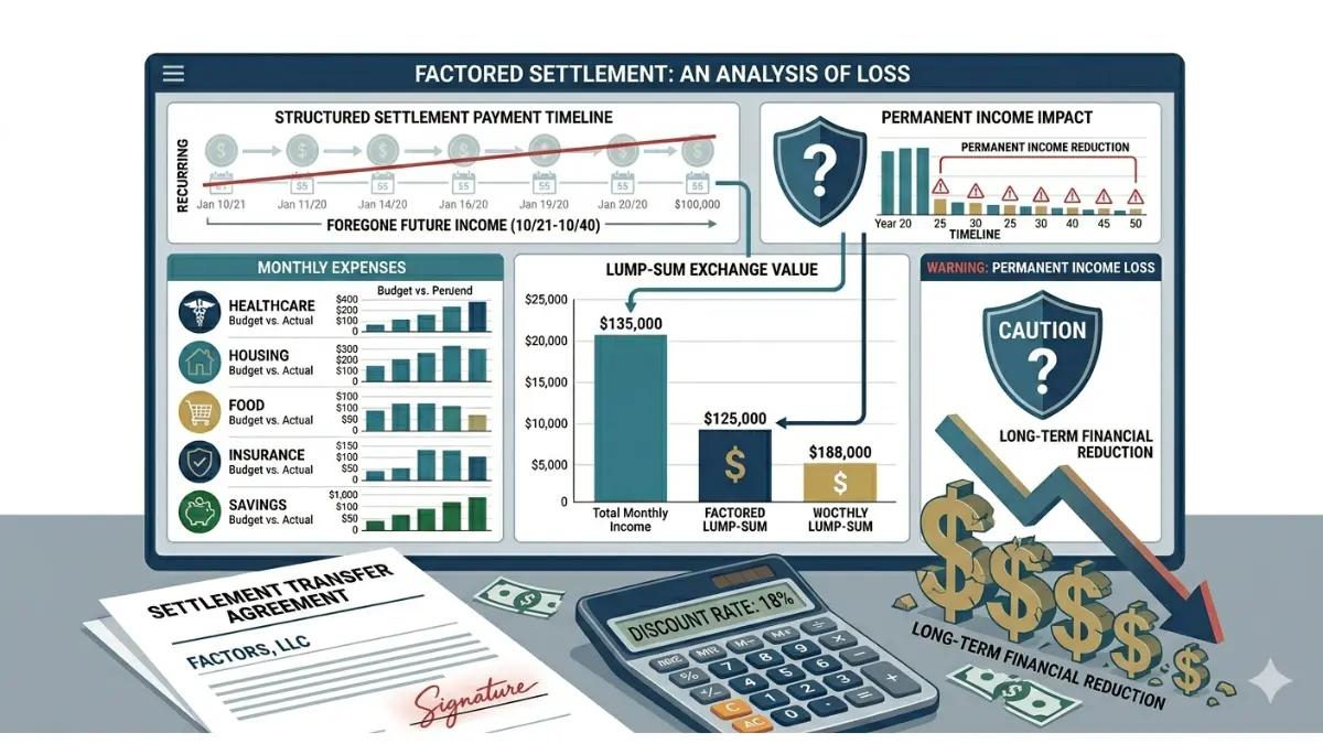 Retirement structured settlement factoring discount rate illustration showing future income loss and lump-sum payment risks