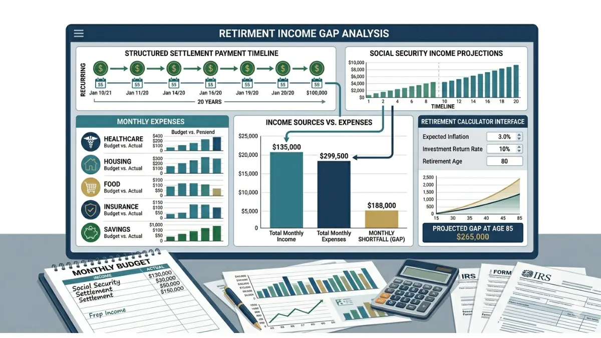 Retirement structured settlement income gap analysis illustration with monthly expenses Social Security and retirement planning charts