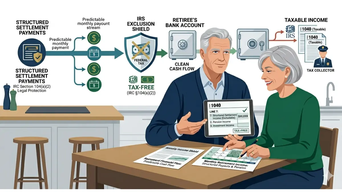 Retirement tax-free structured settlement income illustration explaining IRC Section 104(a)(2) payment exclusion rules