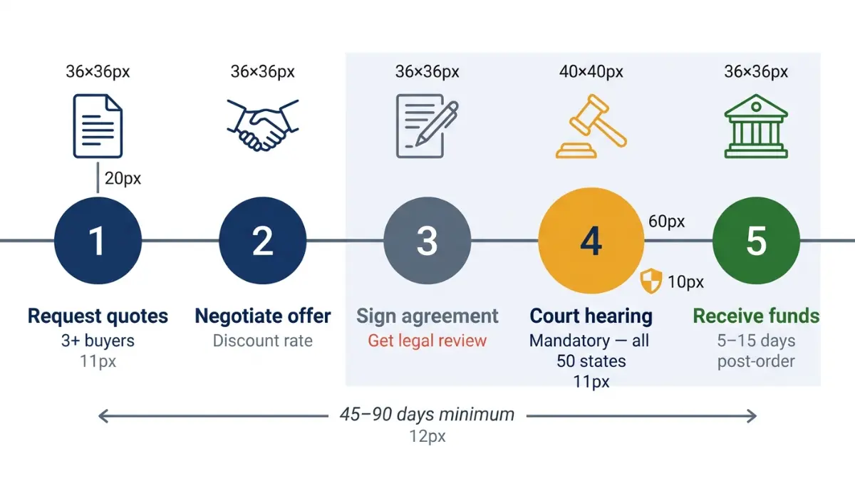 Horizontal five-step timeline illustrating how to sell a structured settlement legally — from requesting buyer quotes through mandatory court approval to receiving lump sum funds in 45 to 90 days