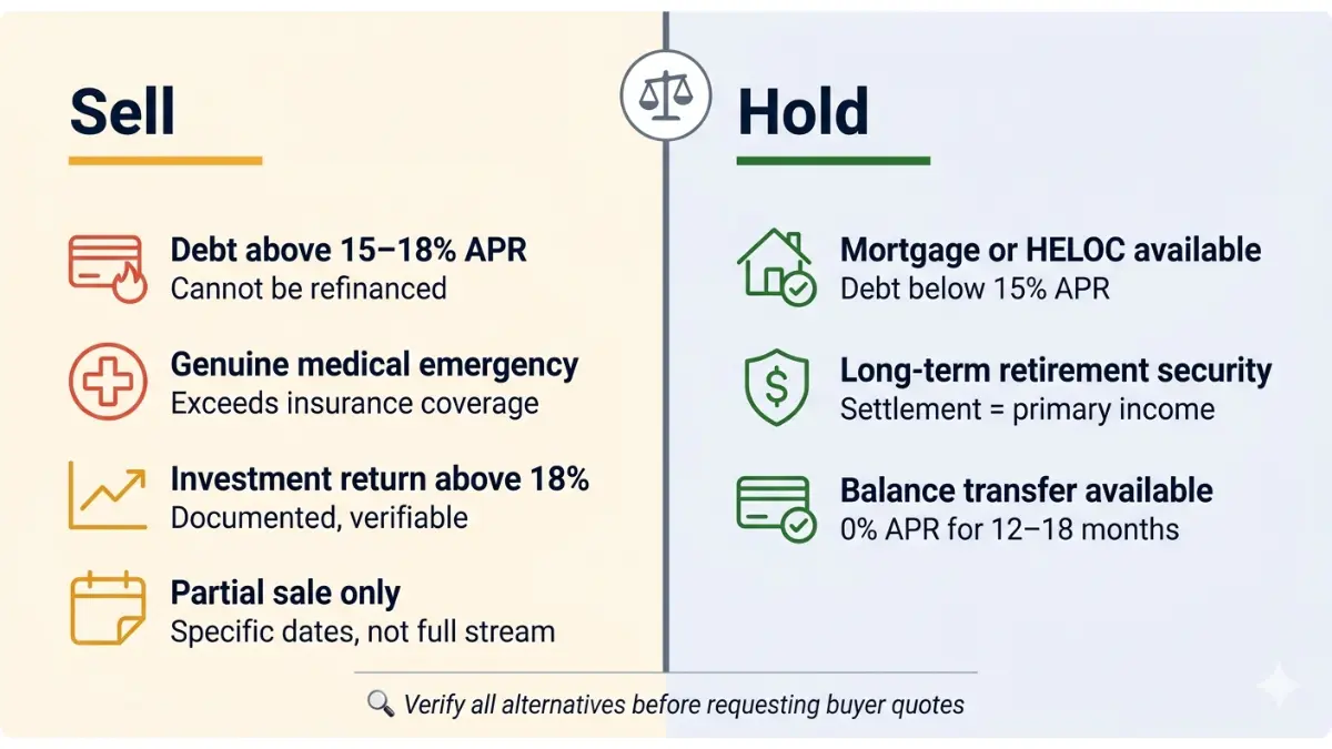 Split-panel vector illustration showing a neutral CFA decision matrix for when to sell structured settlement payments versus when to hold — four sell conditions on the left and three hold conditions on the right
