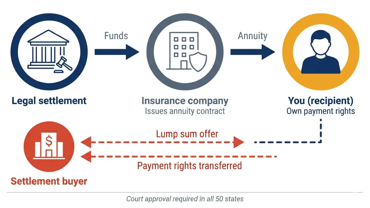 Infographic showing how structured settlement payments flow from legal settlement through insurance company to recipient, and how the sell structured settlement process introduces a third-party buyer