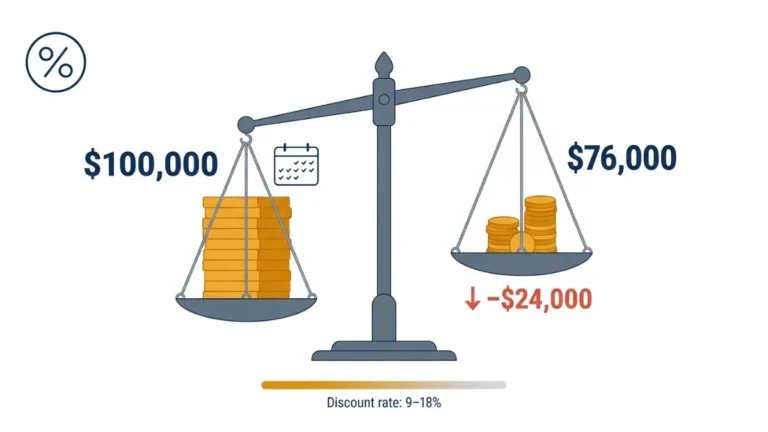 Flat vector illustration of a weighing scale showing sell structured settlement decision — $100,000 future payments on one side versus $76,000 lump sum received on the other