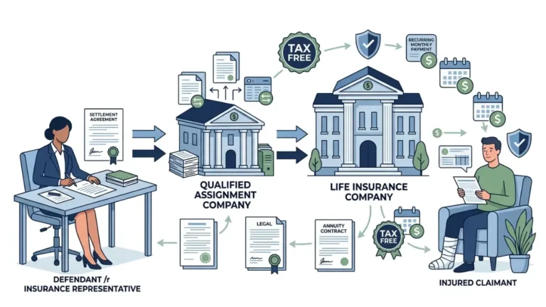structured settlement annuity flow illustration showing defendant, assignment company, life insurer, and claimant receiving tax-free periodic payments