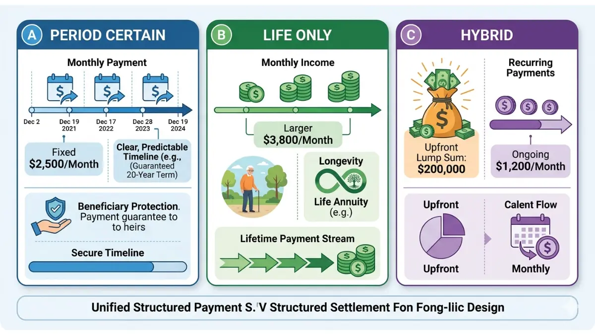 structured settlement annuity payment schedule comparison showing period certain, life only, and hybrid settlement structures