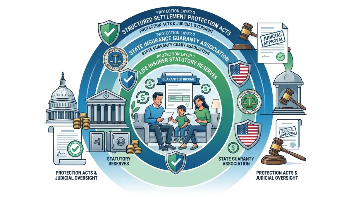 structured settlement annuity protection layers illustration showing insurer reserves, guaranty associations, and legal safeguards