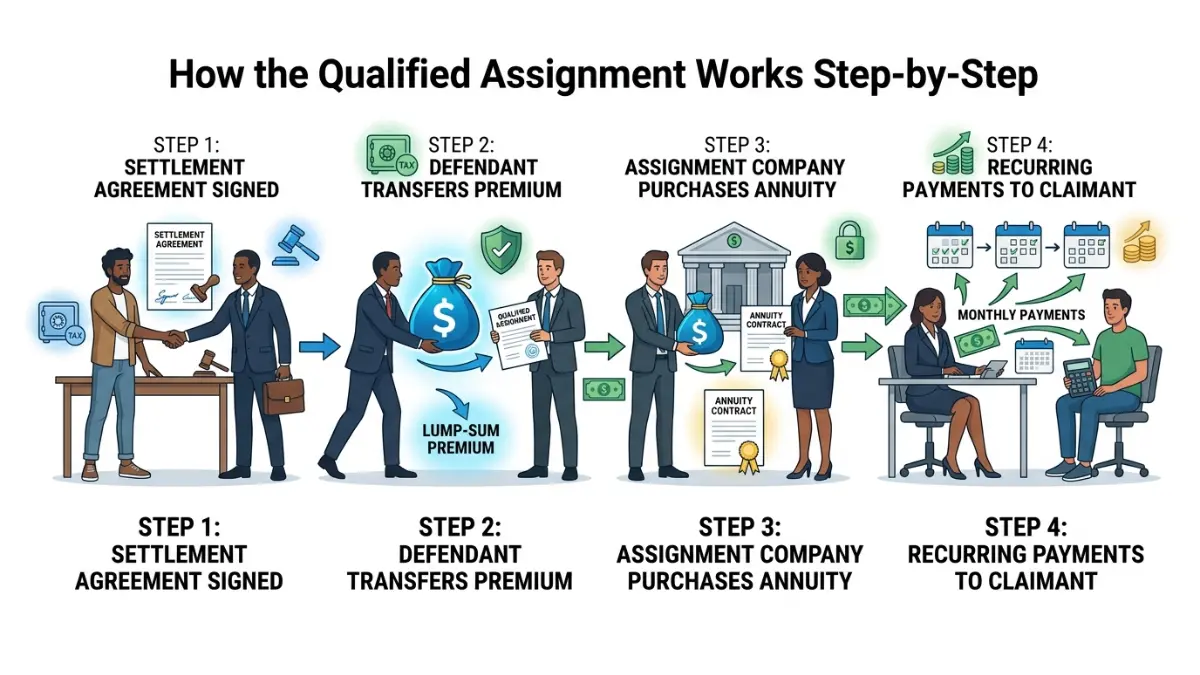 structured settlement annuity qualified assignment process illustration showing four-step funding sequence and recurring payments