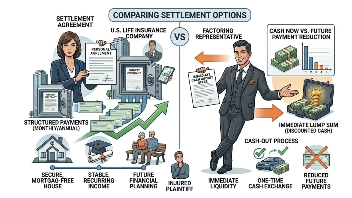 structured settlement broker compared with factoring company offering lump sum payment buyout