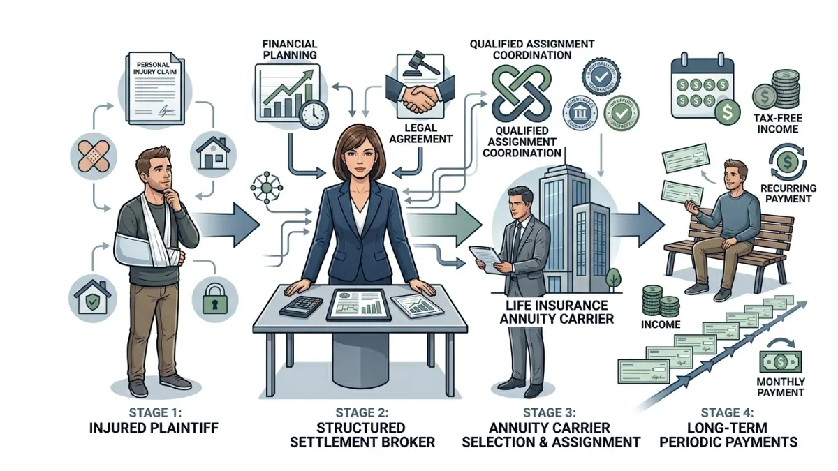 structured settlement broker workflow connecting plaintiff insurance carrier and periodic payments