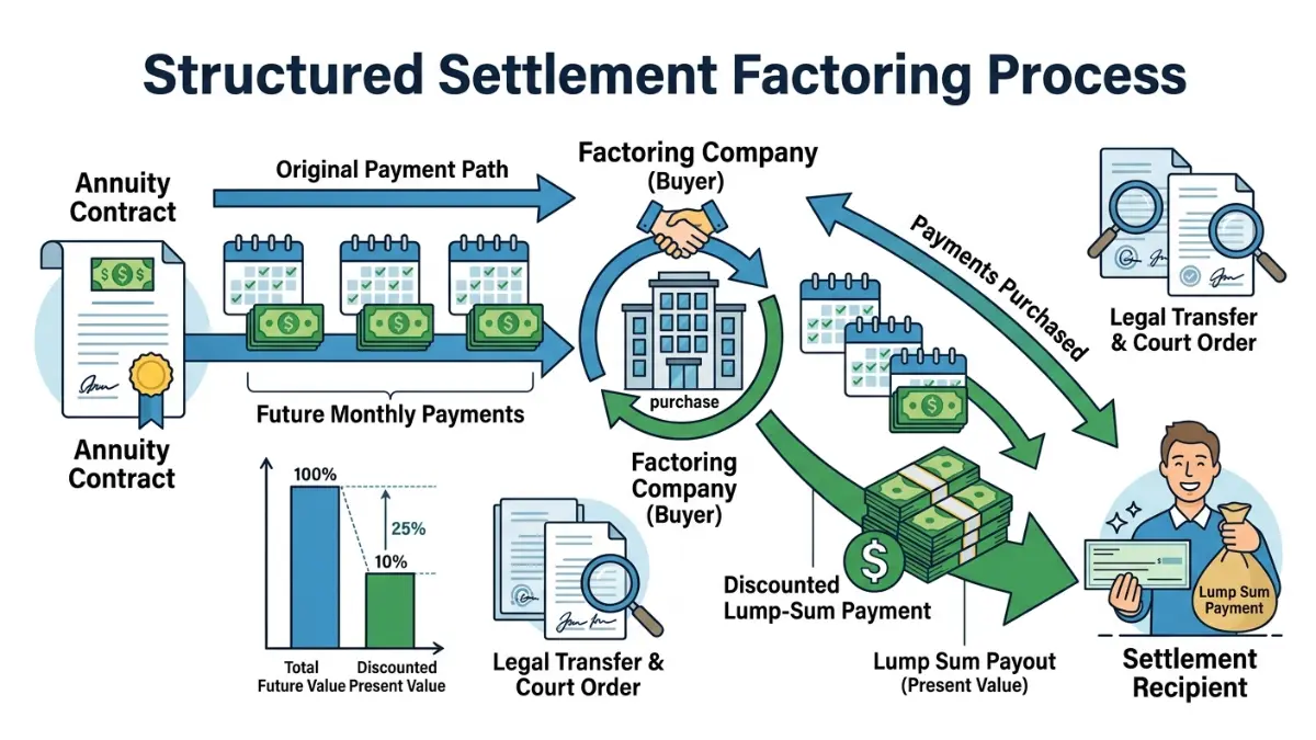 structured settlement cash advance process showing payment rights transferred to a factoring company for a lump sum payment