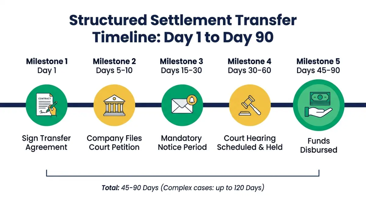 Structured Settlement Companies court approval timeline from Day 1 to Day 90 showing five key milestones