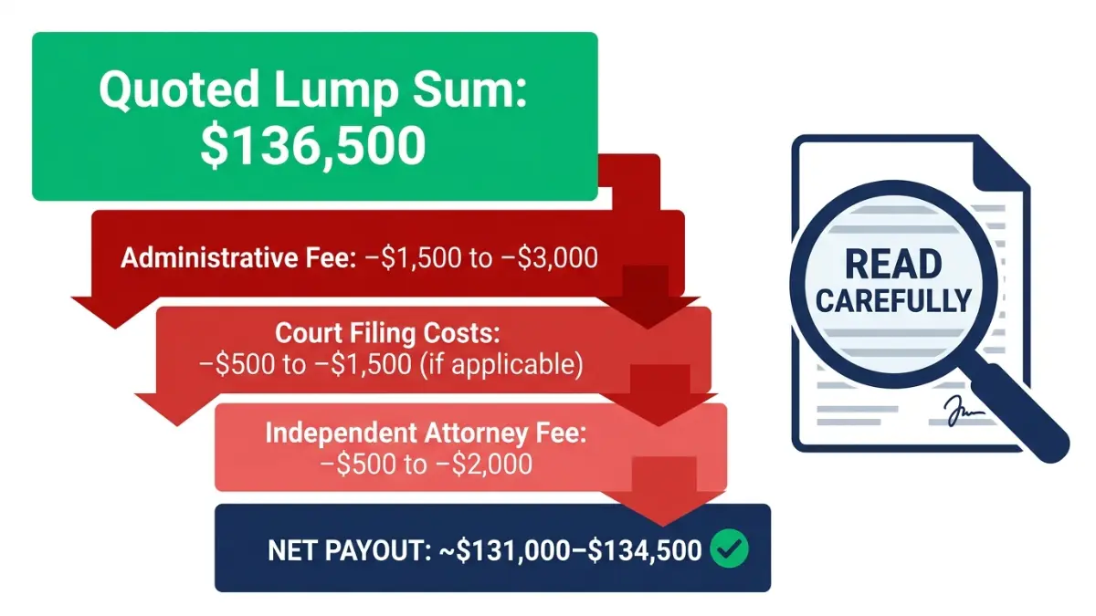 Structured Settlement Companies hidden fees waterfall showing how administrative fees reduce your net lump sum payout