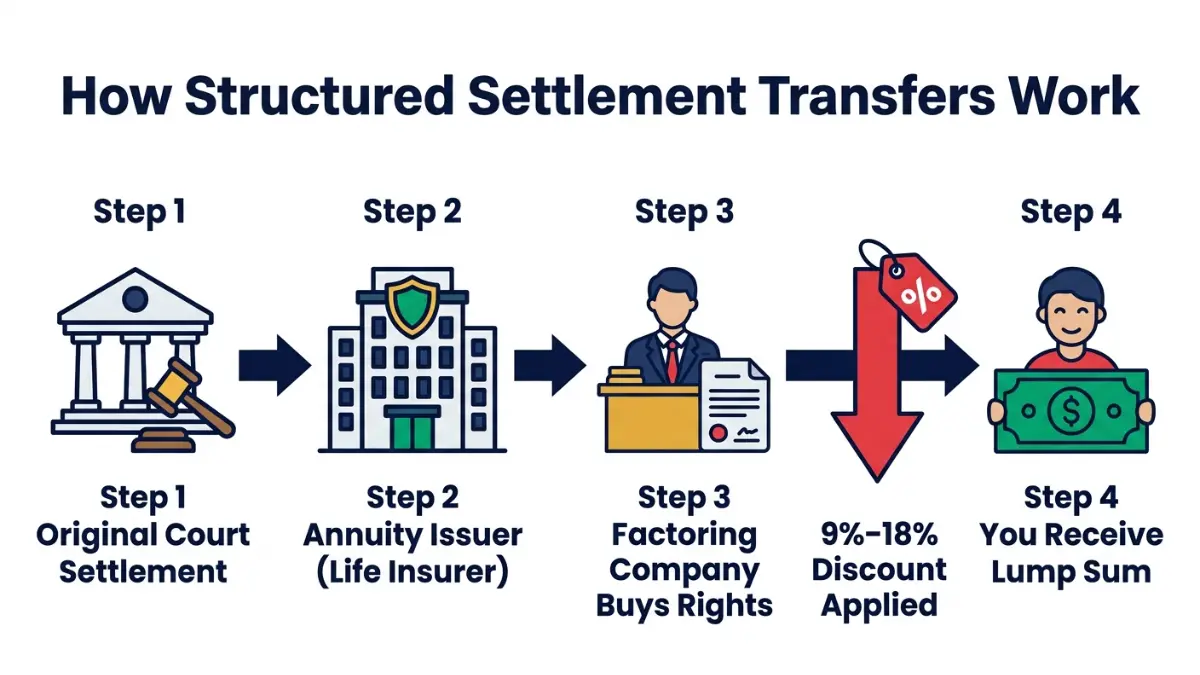 Structured Settlement Companies transfer process flow showing annuity issuer to factoring company to lump sum payout