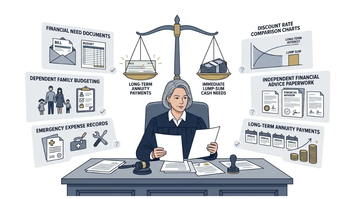 Structured Settlement Court Approval illustration showing a judge evaluating the best interest standard and financial need documentation