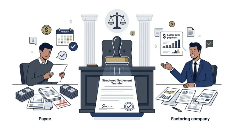 Structured Settlement Court Approval process vector illustration showing judge reviewing transfer agreement and settlement payment documents