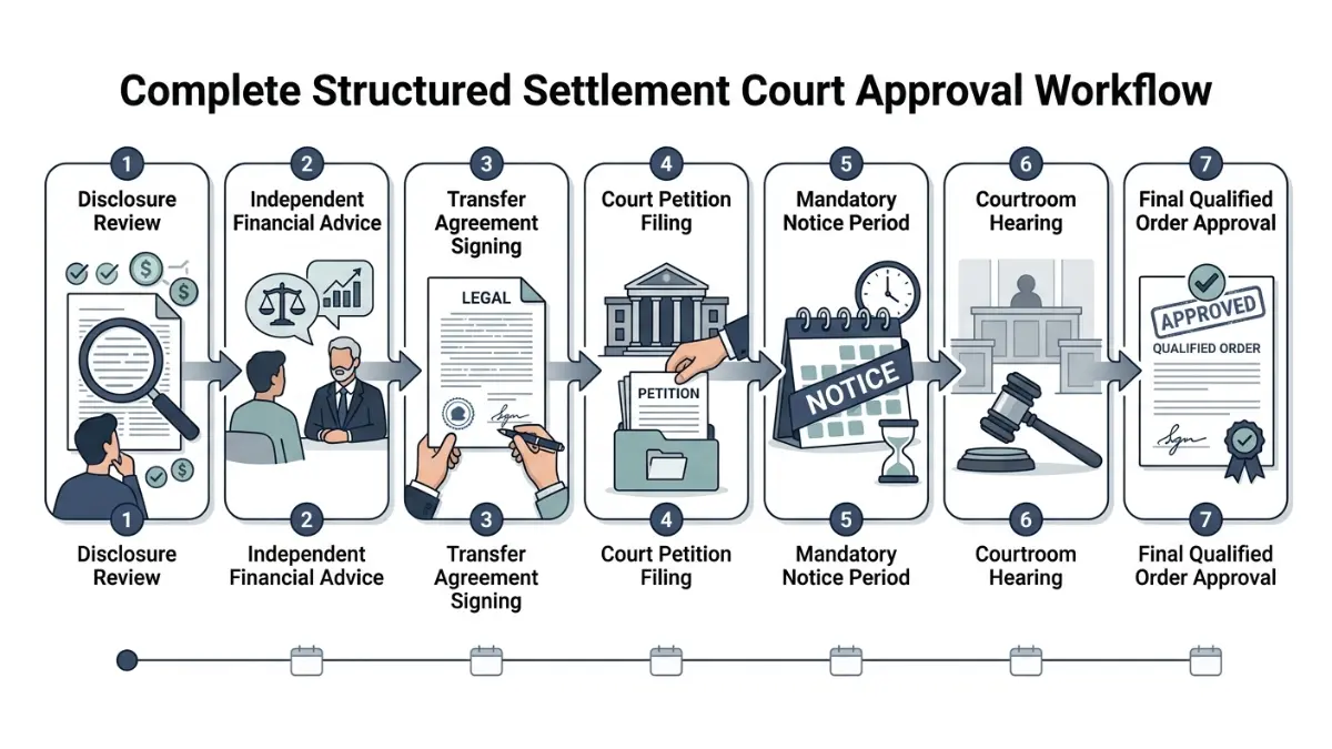 Structured Settlement Court Approval workflow illustration showing the seven-step court approval process for settlement transfers
